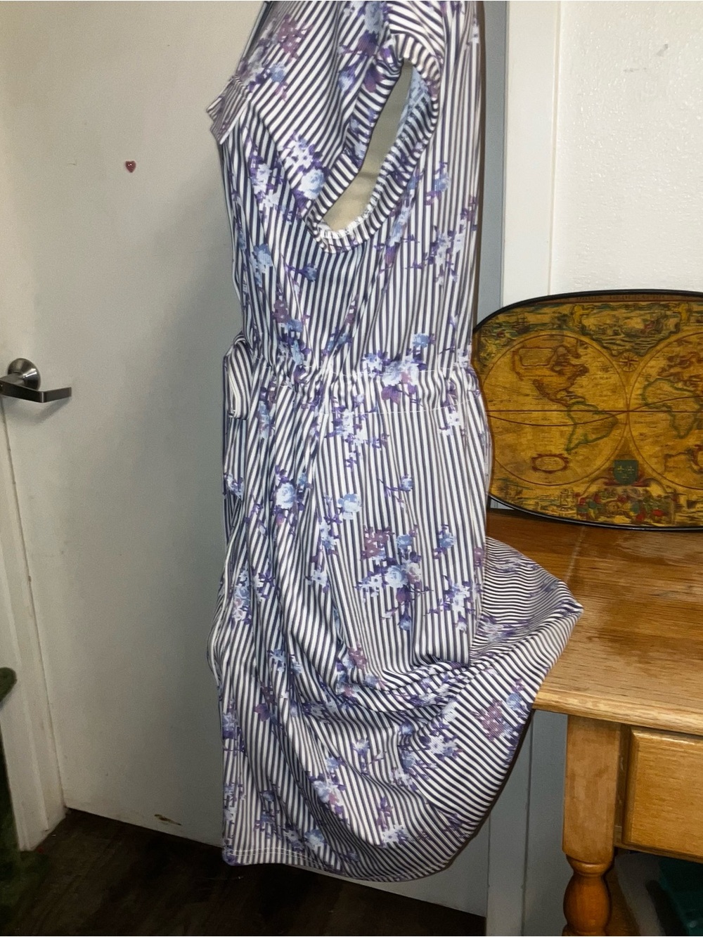Striped Tie-Waist Shirt Dress with Purple Floral Accents - Picture 3 of 4